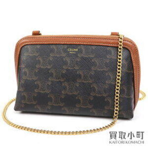 Celine Chain Clutch Bag Tan Triomphe Canvas Lambskin shoulder crossbody